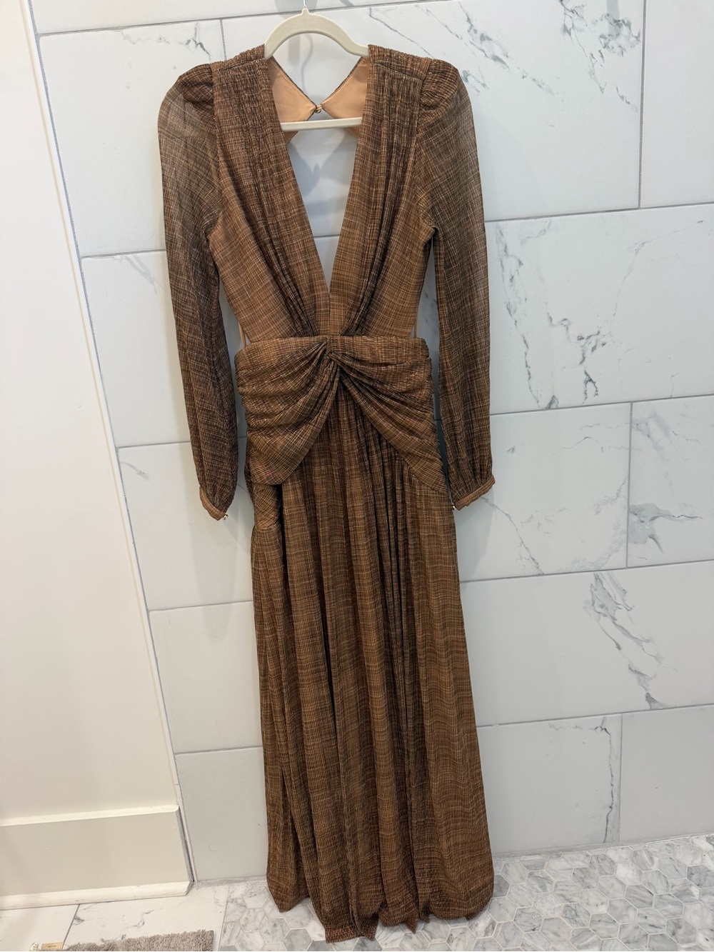 Gianni Bini Brown Metallic V-Neck Maxi Dress with Twist Waist